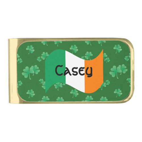 Irish Flag with Shamrocks Personalized Gold Finish Money Clip