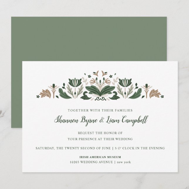Irish Folk Art | Modern Floral Celtic Wedding Invitation (Front/Back)