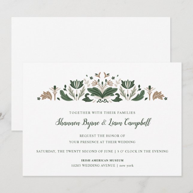 Irish Folk Art | Modern Floral Celtic Wedding Invitation (Front/Back)