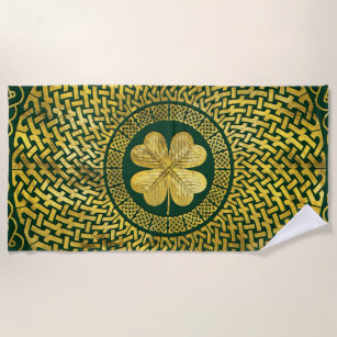 Irish Four-leaf clover with Celtic Knot Beach Towel