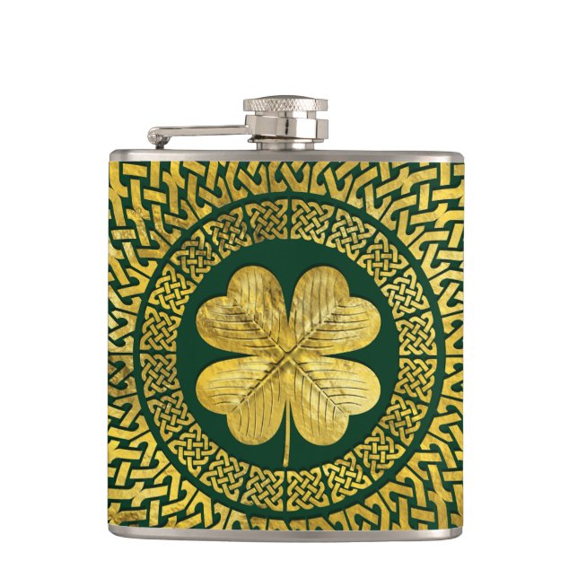 Irish Four-leaf clover with Celtic Knot Flask (Front)