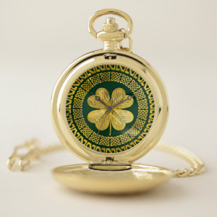 Irish Four-leaf clover with Celtic Knot Pocket Watch