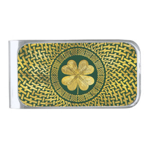 Irish Four-leaf clover with Celtic Knot Silver Finish Money Clip