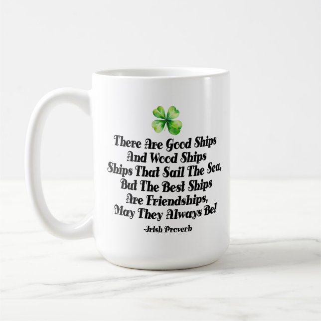 Irish Friendship Ships Proverb Four Leaf Clover Coffee Mug (Left)