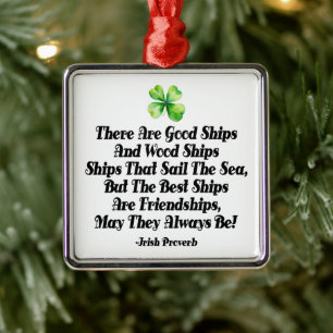 Irish Friendship Ships Proverb Four Leaf Clover  Metal Ornament
