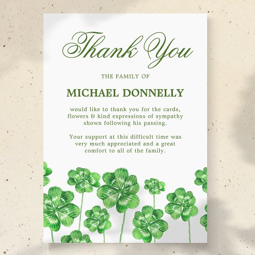 Irish Funeral Shamrock Clover Thank You Card