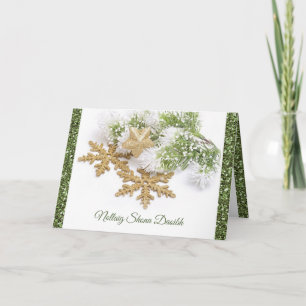 Irish Gaelic Christmas, gold snowflakes, spruce Holiday Card