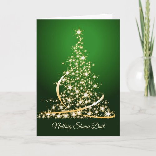 Irish Gaelic Christmas  green gold sparkling tree Holiday Card