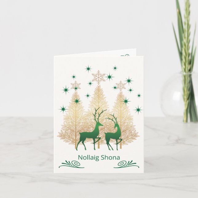 Irish Gaelic Christmas green & gold tree, reindeer Card (Front)