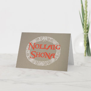 Irish Gaelic Christmas Wreath White Red on Burlap Holiday Card
