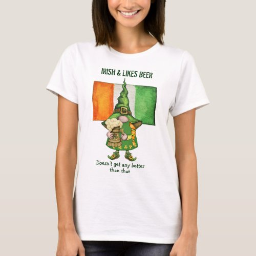 Irish Girl Gnome Likes Beer T_Shirt