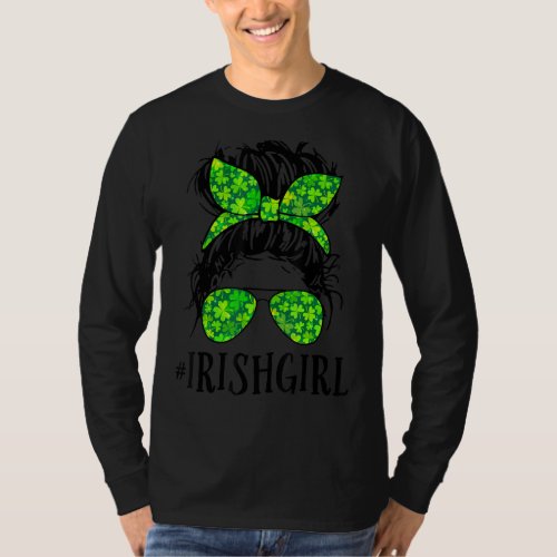 Irish Girl Messy Bun Shamrock Ireland St Patricks T_Shirt