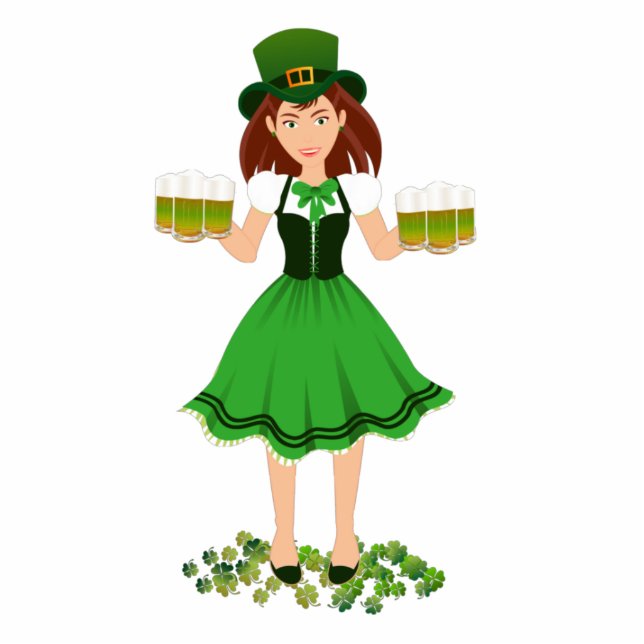 Irish girl with folk outfit serving green beer cutout (Front)