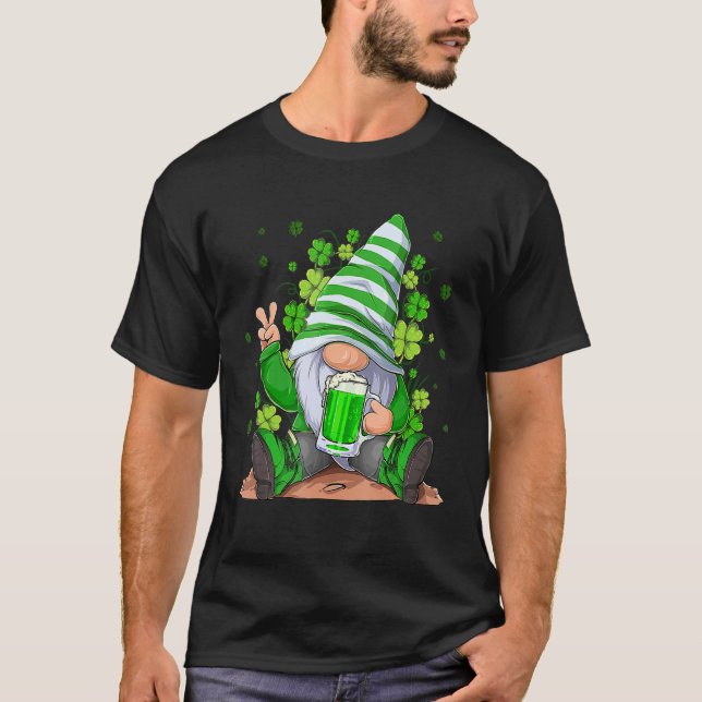 Irish Gnome Drink Beer Lucky Shamrock Gnome St Pat T-Shirt (Front)