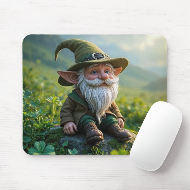 Irish Gnome In a Clover Field Mouse Pad (With Mouse)
