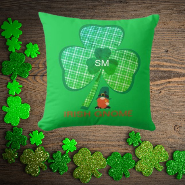Irish Gnome Monogram Shamrock St Patricks Throw Pillow (Creator Uploaded)