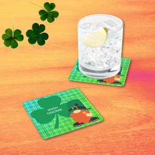 Irish Gnome Shamrock St Patricks Square Paper Coaster