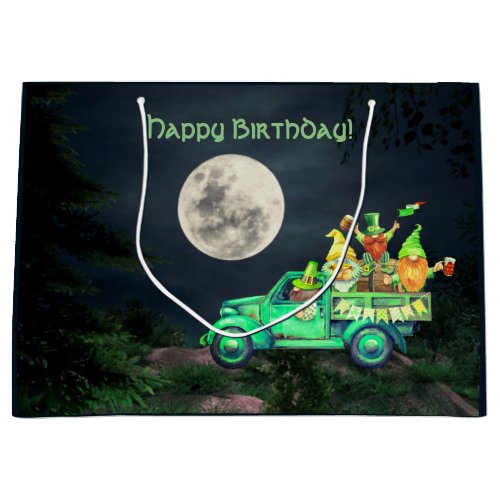 Irish Gnomes and Full Moon Happy Birthday Large Gift Bag