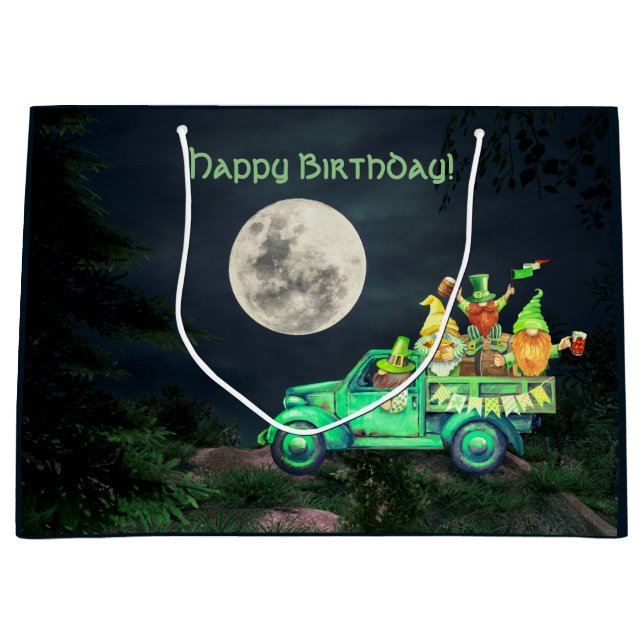 Irish Gnomes and Full Moon Happy Birthday Large Gift Bag (Front)