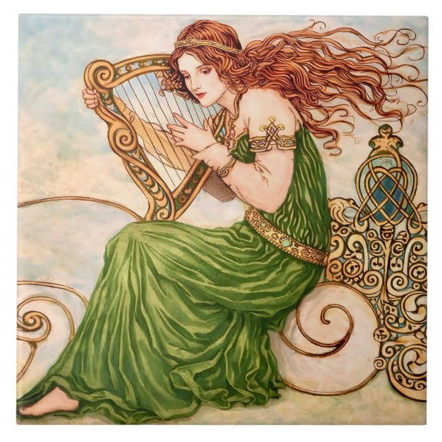 Irish Goddess Playing Harp – Celtic Art Nouveau  Ceramic Tile (Front)