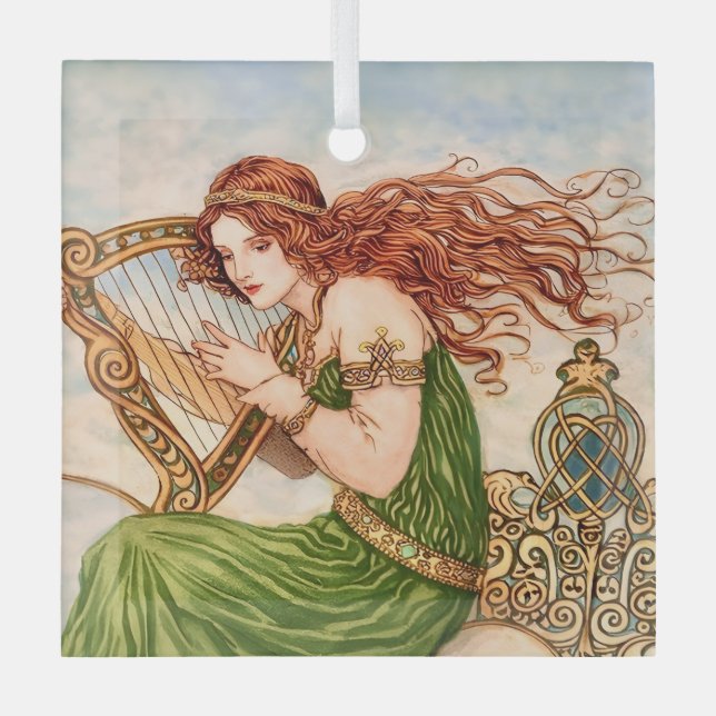 Irish Goddess Playing Harp – Celtic Art Nouveau  Glass Ornament (Front)