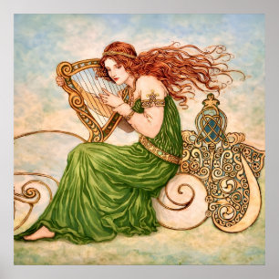 Irish Goddess Playing Harp – Celtic Art Nouveau Poster
