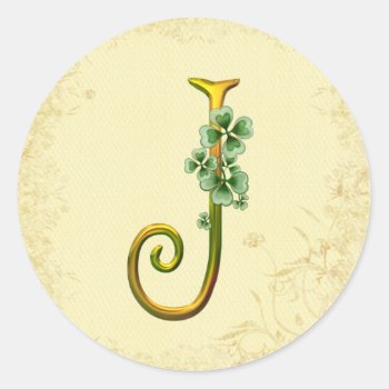Irish Gold Monogram J Classic Round Sticker by SpiceTree_Weddings at Zazzle