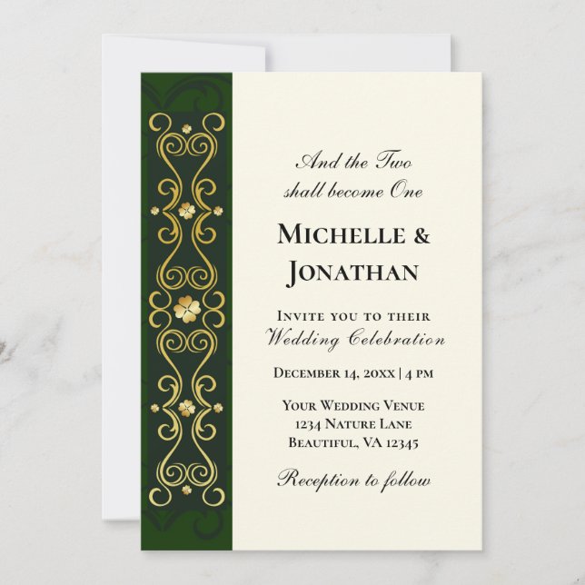 Irish Gold Shamrocks on Green Christian Wedding Invitation (Front)