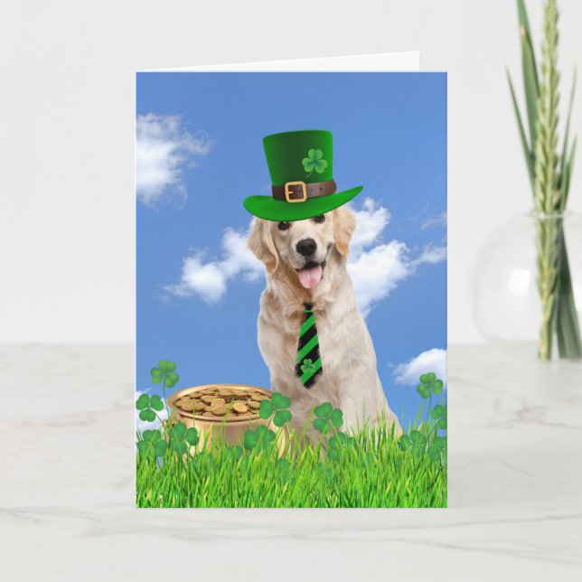 Irish Golden Retriever With Pot of Gold  Holiday Card (Front)