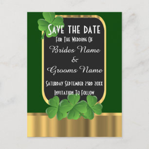 Irish green and gold save the date announcement postcard