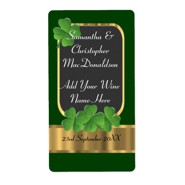 Irish green and gold wedding wine bottle label (Front)