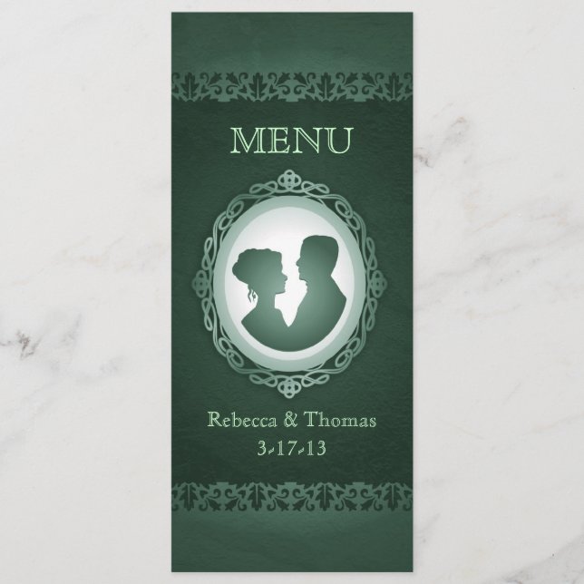 Irish Green Cameo Wedding Menu Cards (Front)