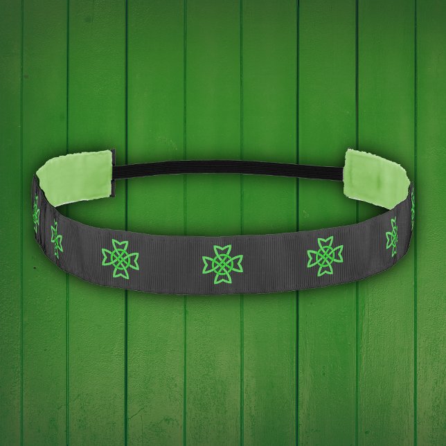 Irish Green Celtic Knot Athletic Headband (Bright Green Celtic knot loops on black headband hair tie back for St Patricks Day.)