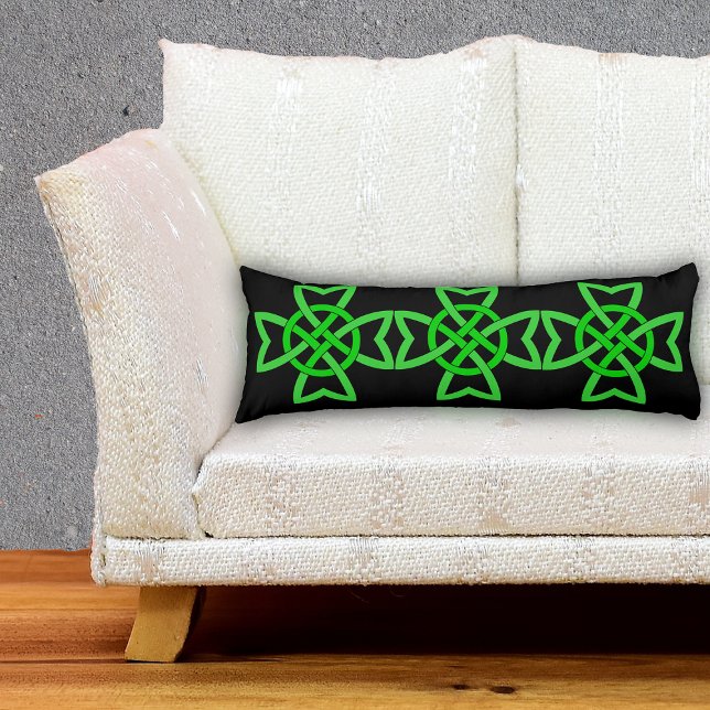 Irish Green Celtic Knot Body Pillow (Bright green Irish Celtic knots on black decorative pillow.)