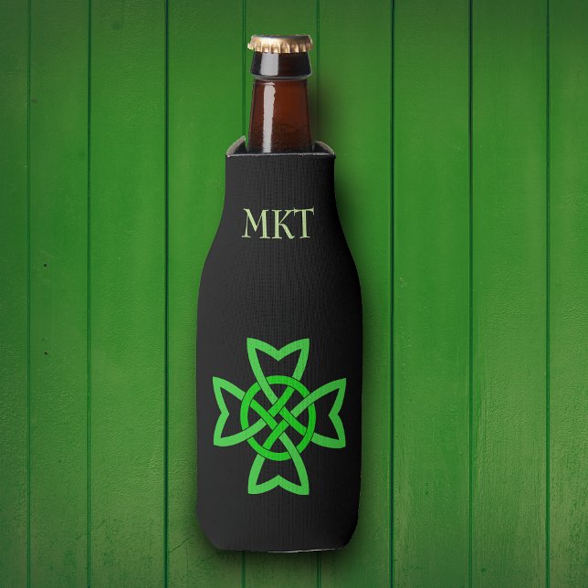 Irish Green Celtic Knot Bottle Cooler (Irish Celtic Green Knot for St Paddys Day on black bottle cooler.  Personalize with your text.)