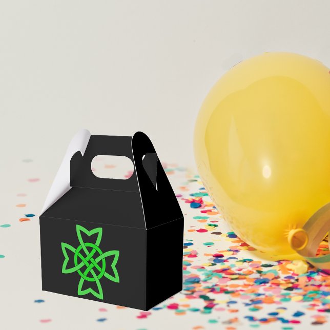 Irish Green Celtic Knot Favor Boxes (Bright green Irish Celtic knot abstract design on black party favor gift box.)