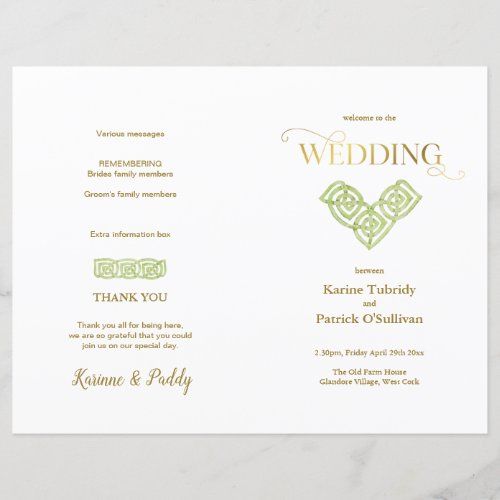 Irish green Celtic Knot  gold wedding program