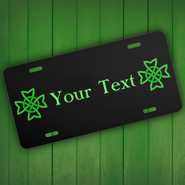 Irish Green Celtic Knot License Plate (Vibrant green Irish Celtic knots on black on personalize license plate.)