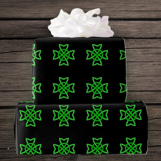 Irish Green Celtic Knot Wrapping Paper (Irish Celtic bright green knots on black gift wrapping paper roll.)