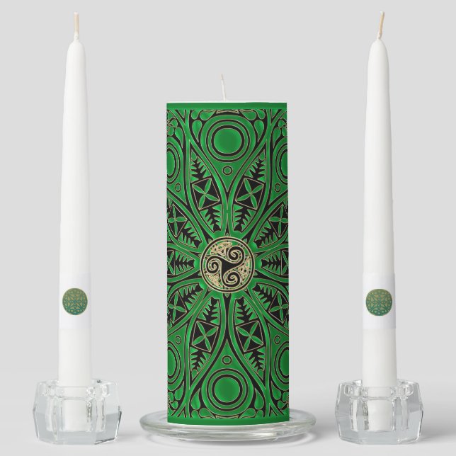 irish Green Celtic Triskele Mandala Unity Candle Set (Front)
