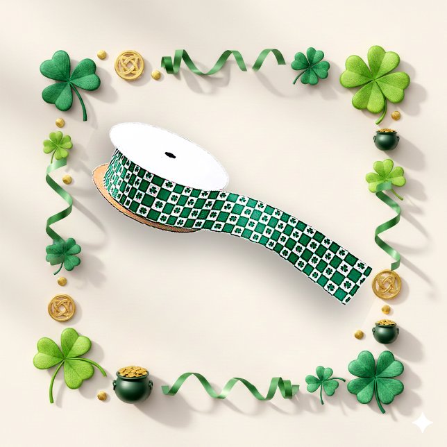 Irish Green Checkered Shamrock Pattern Design Satin Ribbon (Creator Uploaded)