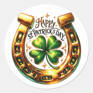 Irish Green Clover Horseshoe Illustration Classic Round Sticker