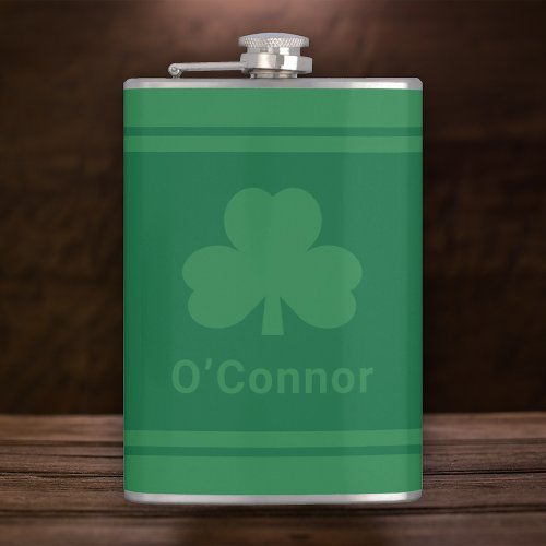 Irish Green Clover Personalized Last Name Flask