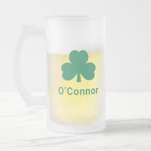 Irish Green Clover Personalized Last Name Frosted Glass Beer Mug
