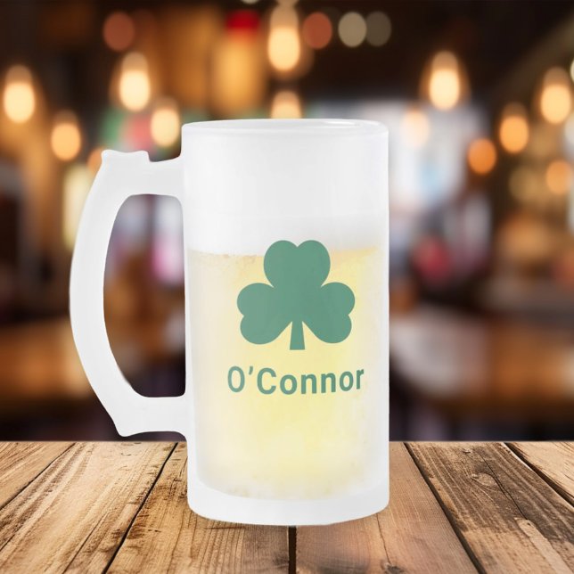 Irish Green Clover Personalized Last Name Frosted Glass Beer Mug (Creator Uploaded)