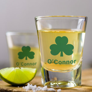 Irish Green Clover Personalized Last Name Shot Glass
