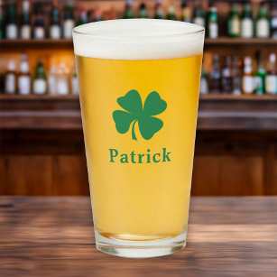 Irish Green Clover Personalized Monogram Name Beer Glass