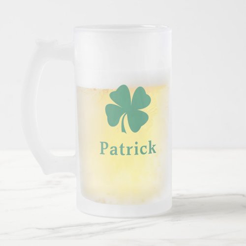 Irish Green Clover Personalized Monogram Name Frosted Glass Beer Mug