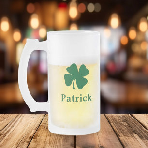 Irish Green Clover Personalized Monogram Name Frosted Glass Beer Mug