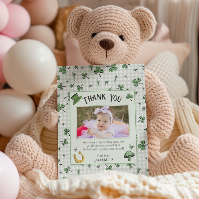 Irish Green Clovers and Hearts Kids Birthday Thank You Card (Gender Neutral baby St. Patty's card. Cute green & white gingham. Hand-drawn shamrocks & hearts)
